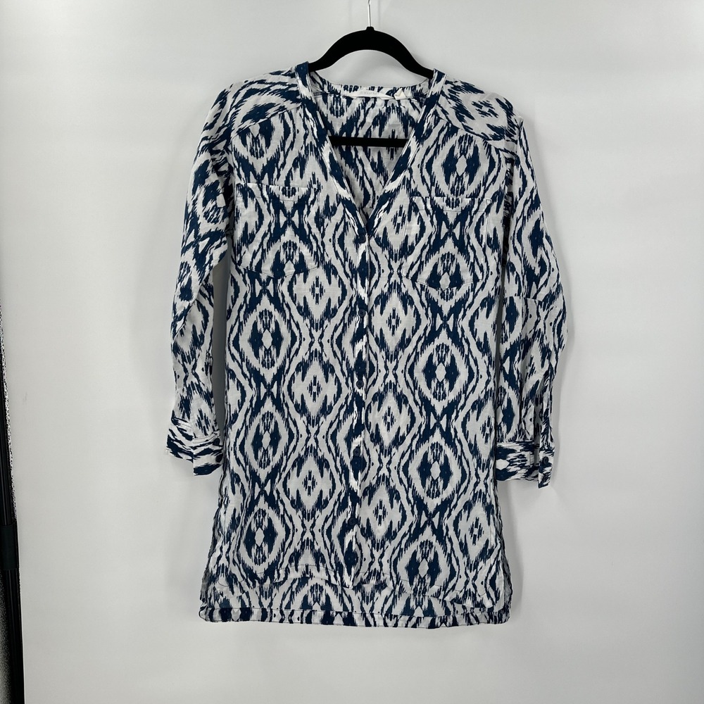 Athleta‎ Ikat Print Tunic Dress XXS Coastal Resort Silk Blend Boho Blue White
